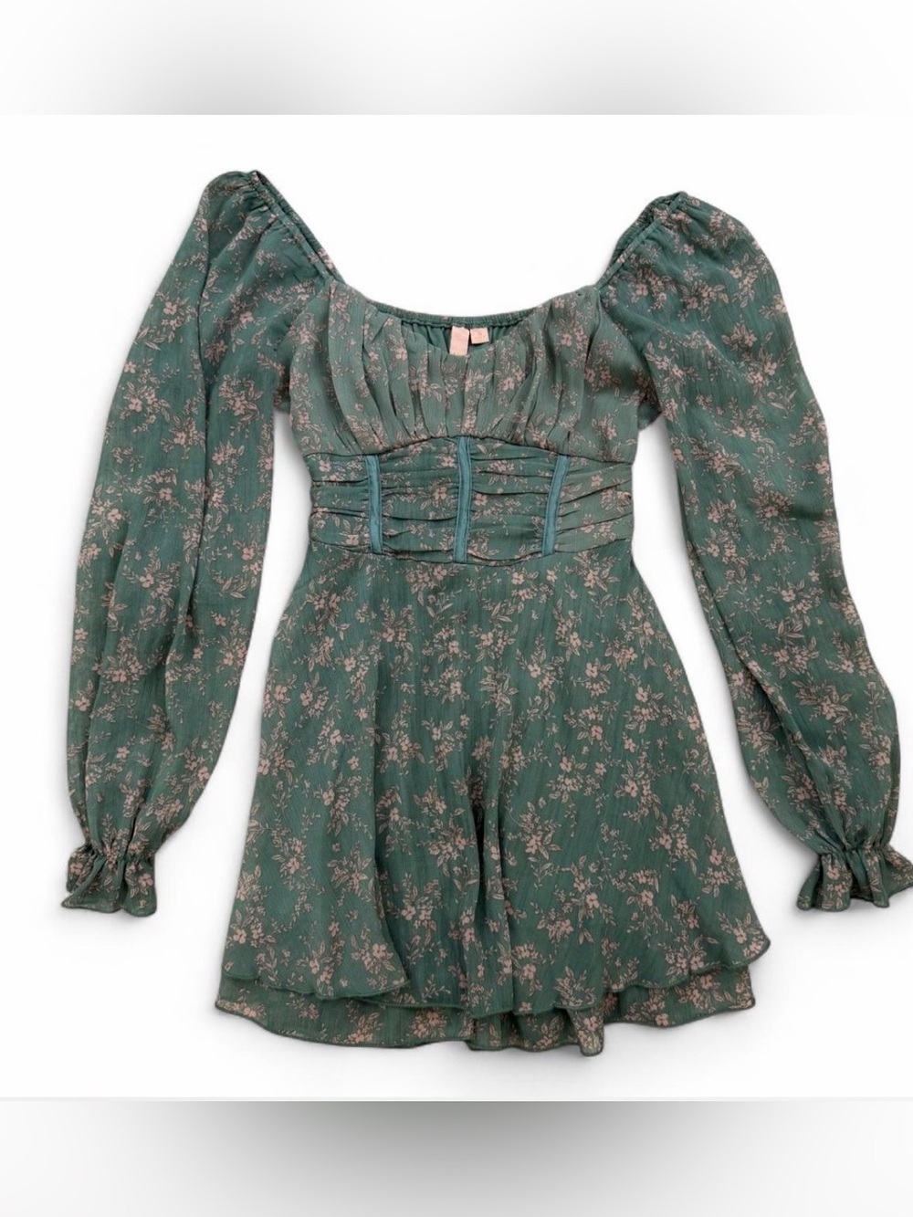 🌿 Sage green floral cottagecore milkmaid mini dress Sz S 🌿